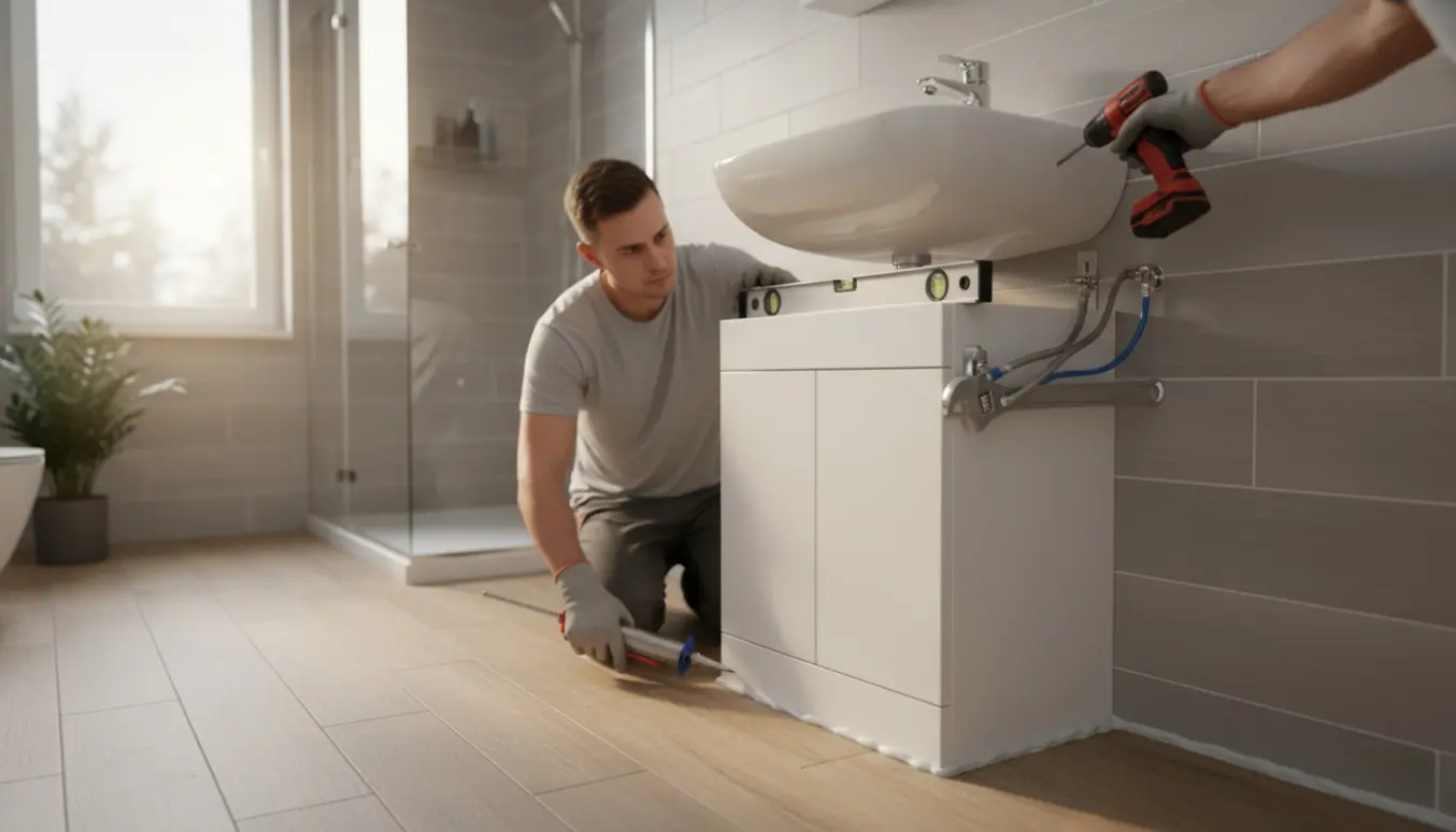 Hænder monterer en kompakt hvid underskab med vask i et lyst, moderne badeværelse.