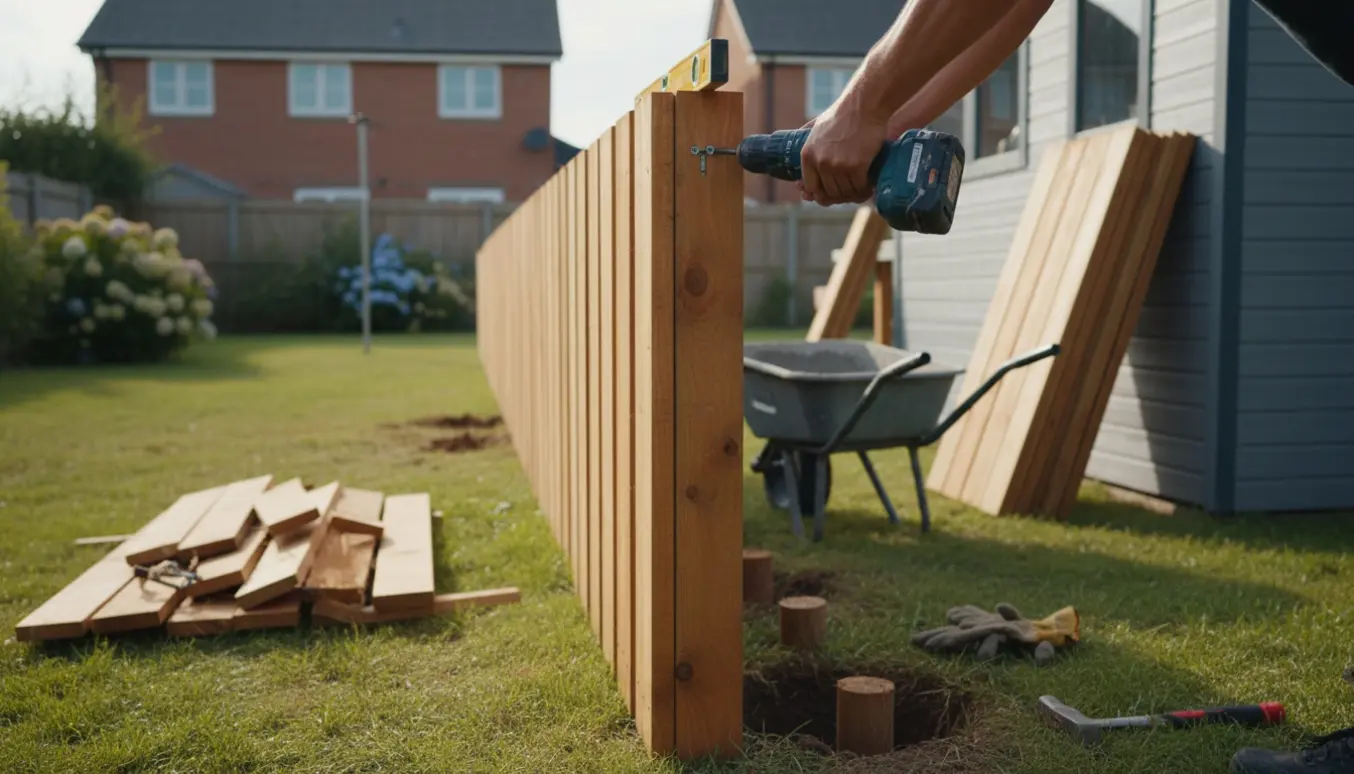 Opsætning af nyt træstakit i en baghave med værktøj og materialer, ingen ansigter synlige.