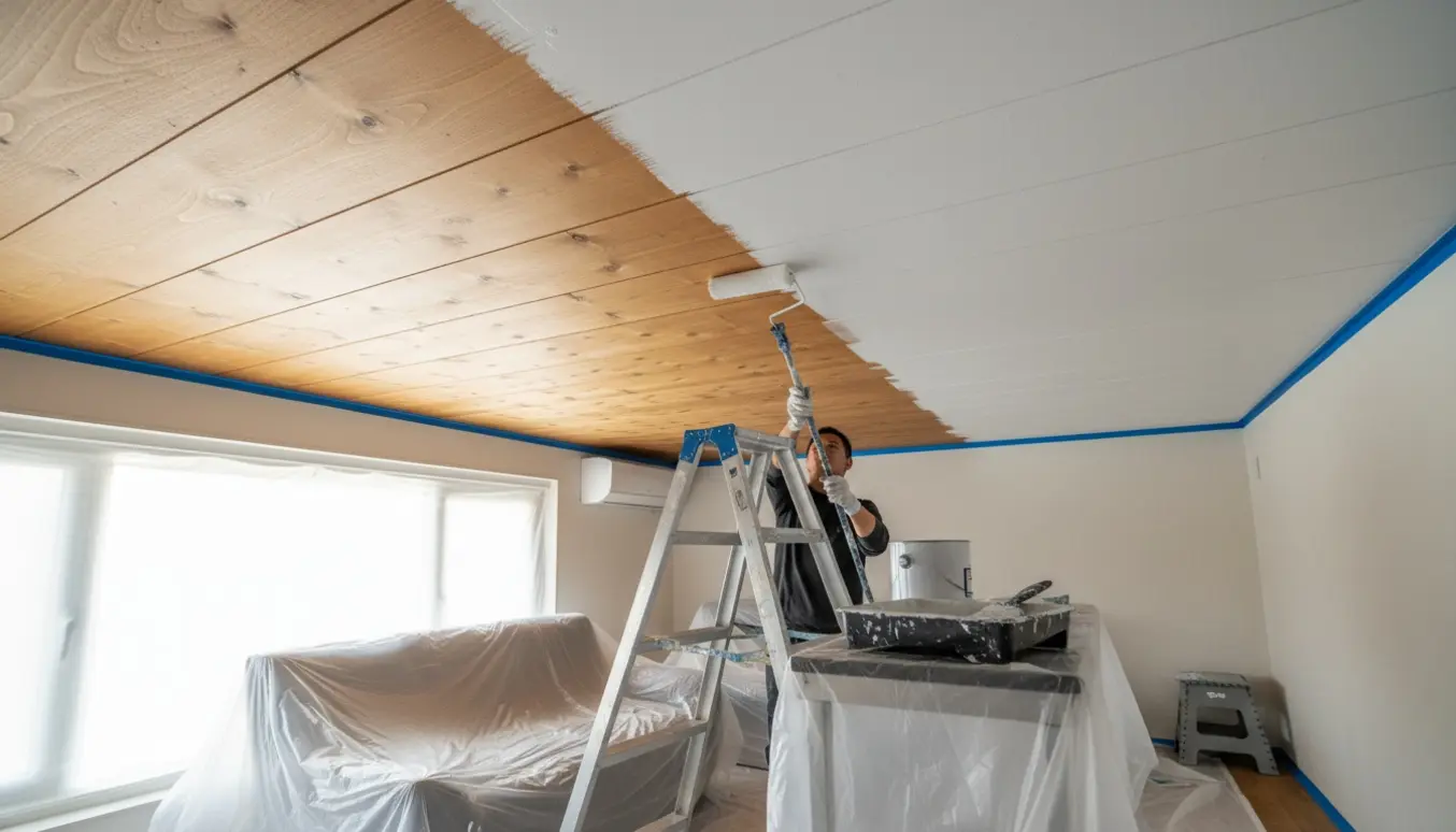 Person maler et nikotingult træloft hvidt med rulle, hvor halvdelen er nymalet.
