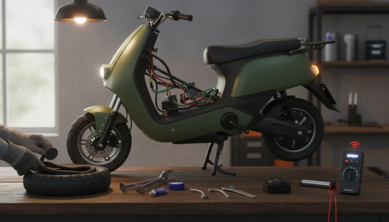 En el-knallert på værksted med bagdækket afmonteret, synlige ledninger ved blinklysene og reparationsværktøj klar.