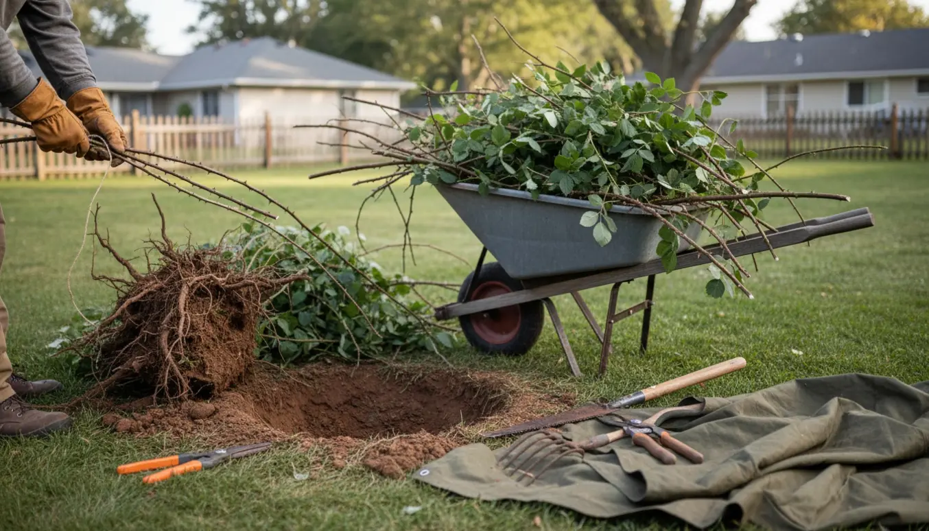 Trillebør fyldt med afskårne brombærgrene og en rodklump ved en nyryddet plet i haven, med handsker og redskaber.