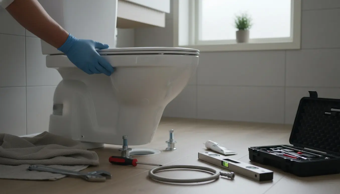 En installerende hånd sænker en hvid Ifø Cera-lignende toiletkumme på plads i et lyst badeværelse med værktøj på gulvet.