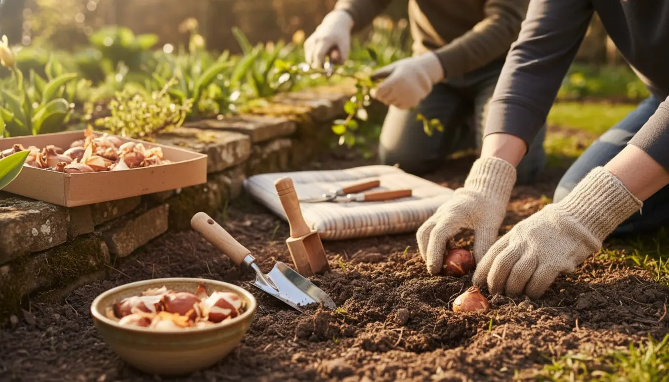 Hænder planter blomsterløg i mørk muld med beskæringssaks og handsker ved siden af.