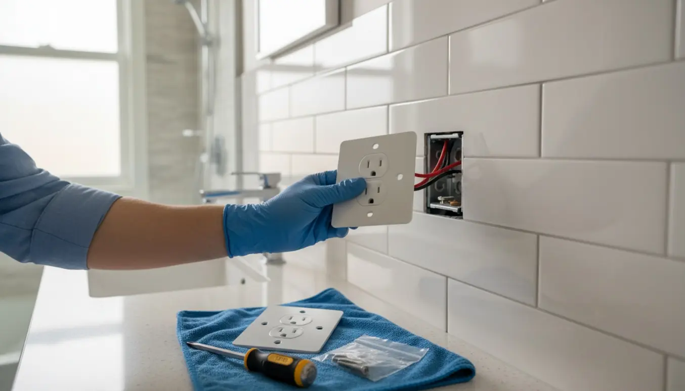 Manglende stikkontaktforside på flisevæg i badeværelse med ny forside og skruetrækker klar.