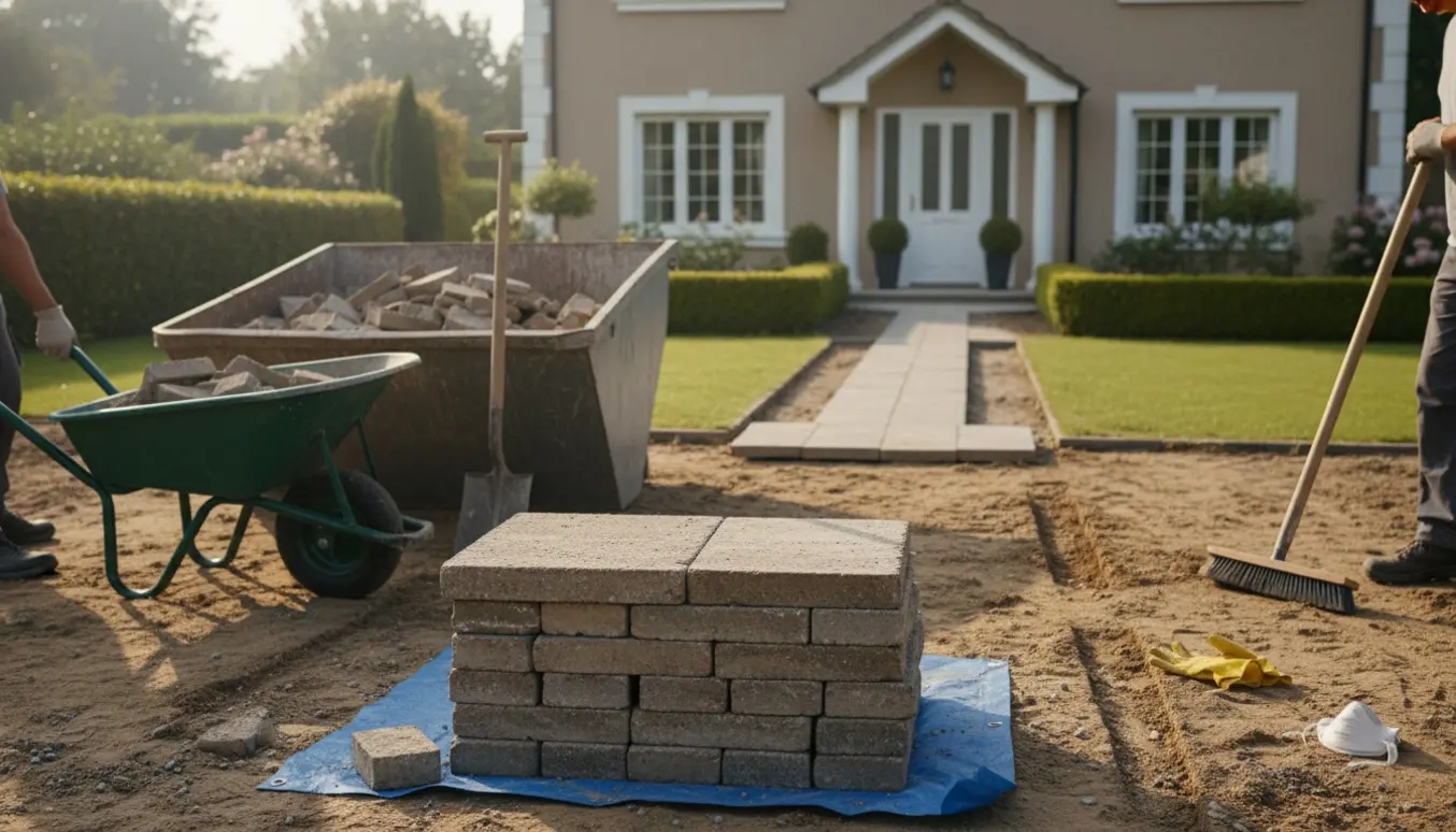 Fjernelse og bortskaffelse af havefliser fra forhave og gangsti med stabler af fliser, trillebør og container.