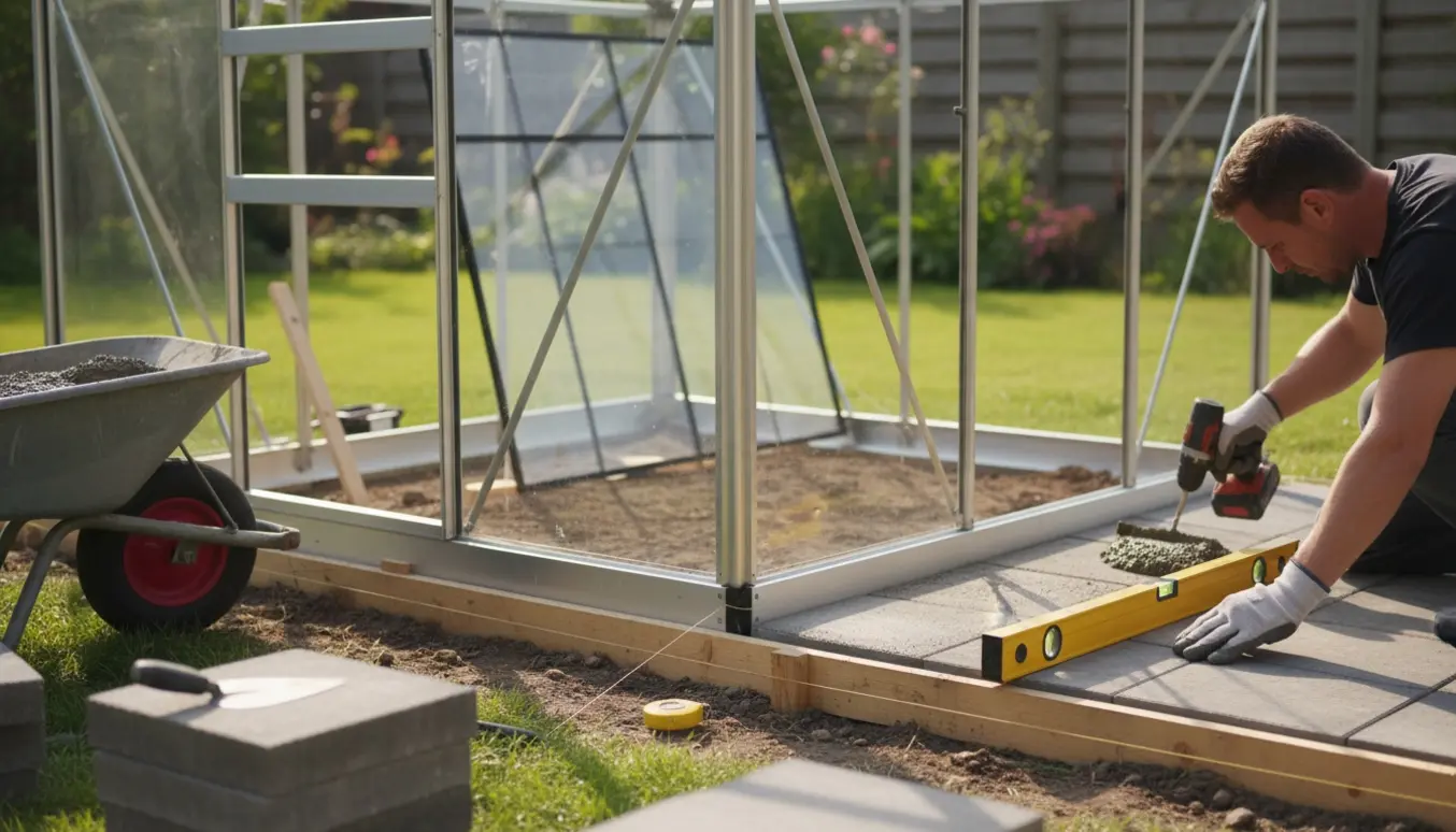 Opstilling af et 10 m² drivhus med støbt fundament og fliser, håndværker arbejder med ramme og glas.