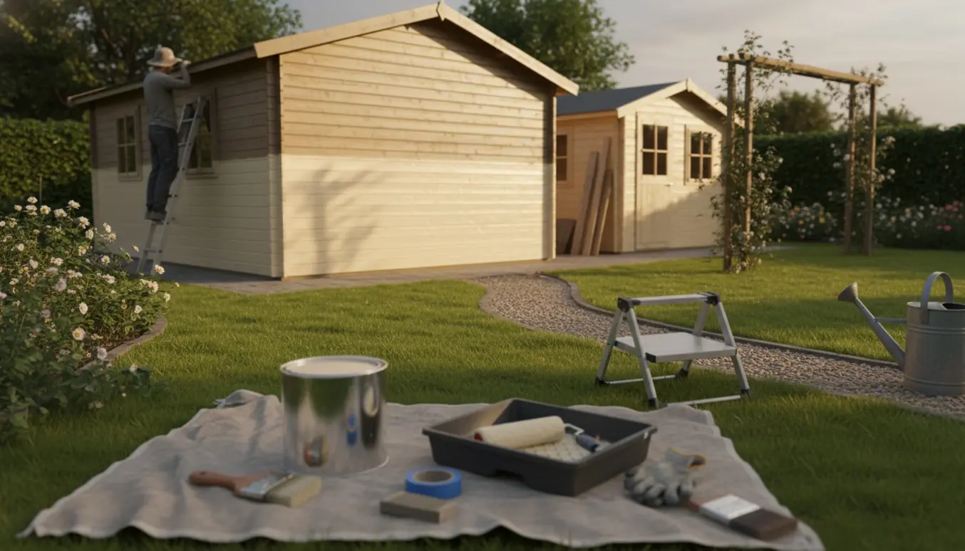 Træsommerhus og lille haveskur udvendigt med malerredskaber og en person, der maler facaden med ryggen til.