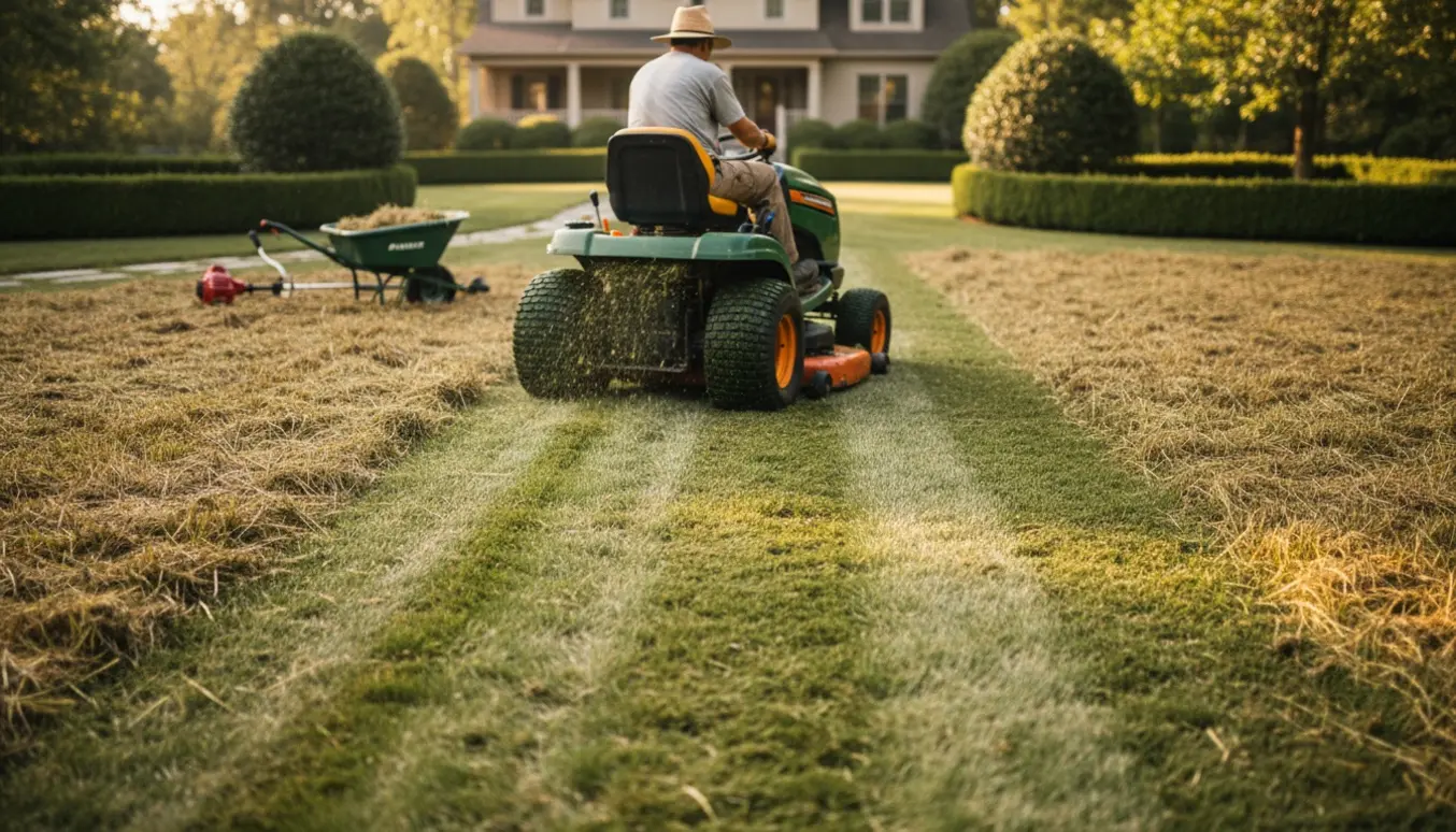 Stor forstadsplæne klippes med havetraktor, med tydelig kontrast mellem langt græs og nyslåede lave striber.