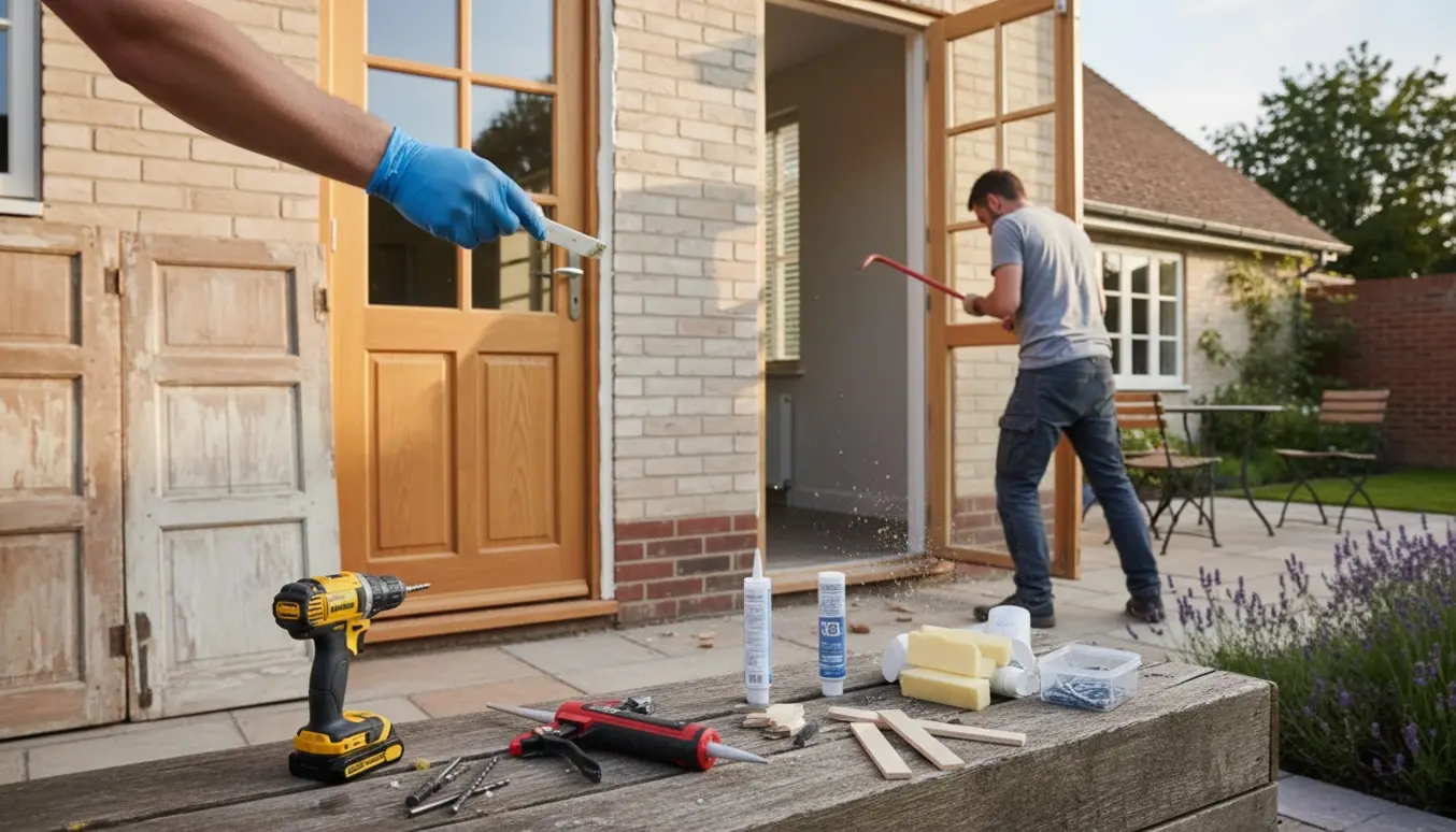 To facadedøre mod have under montering, hånd glatter frisk fugemasse ved dørrammen.