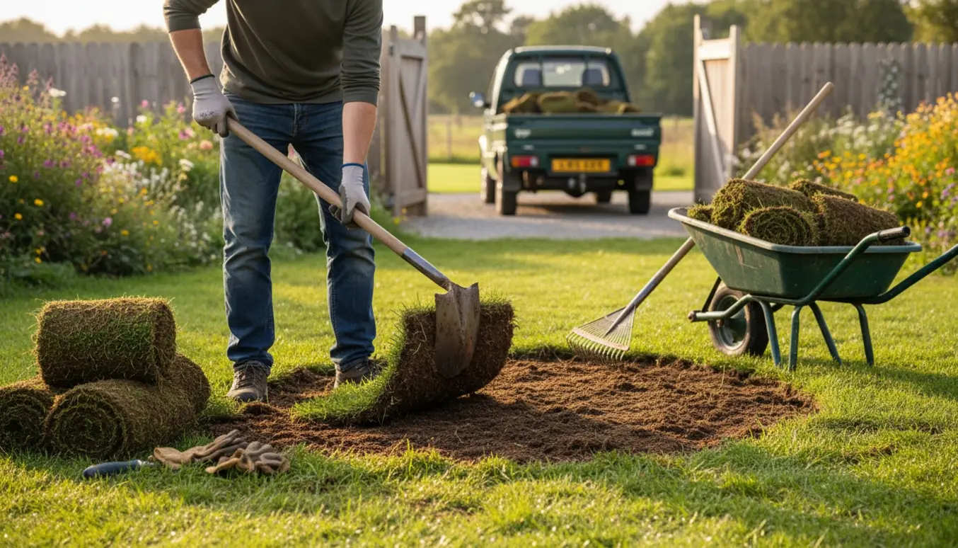 Hænder fjerner græstørv fra en plæne med skovl og trillebør, klar til plantning af vilde blomster.