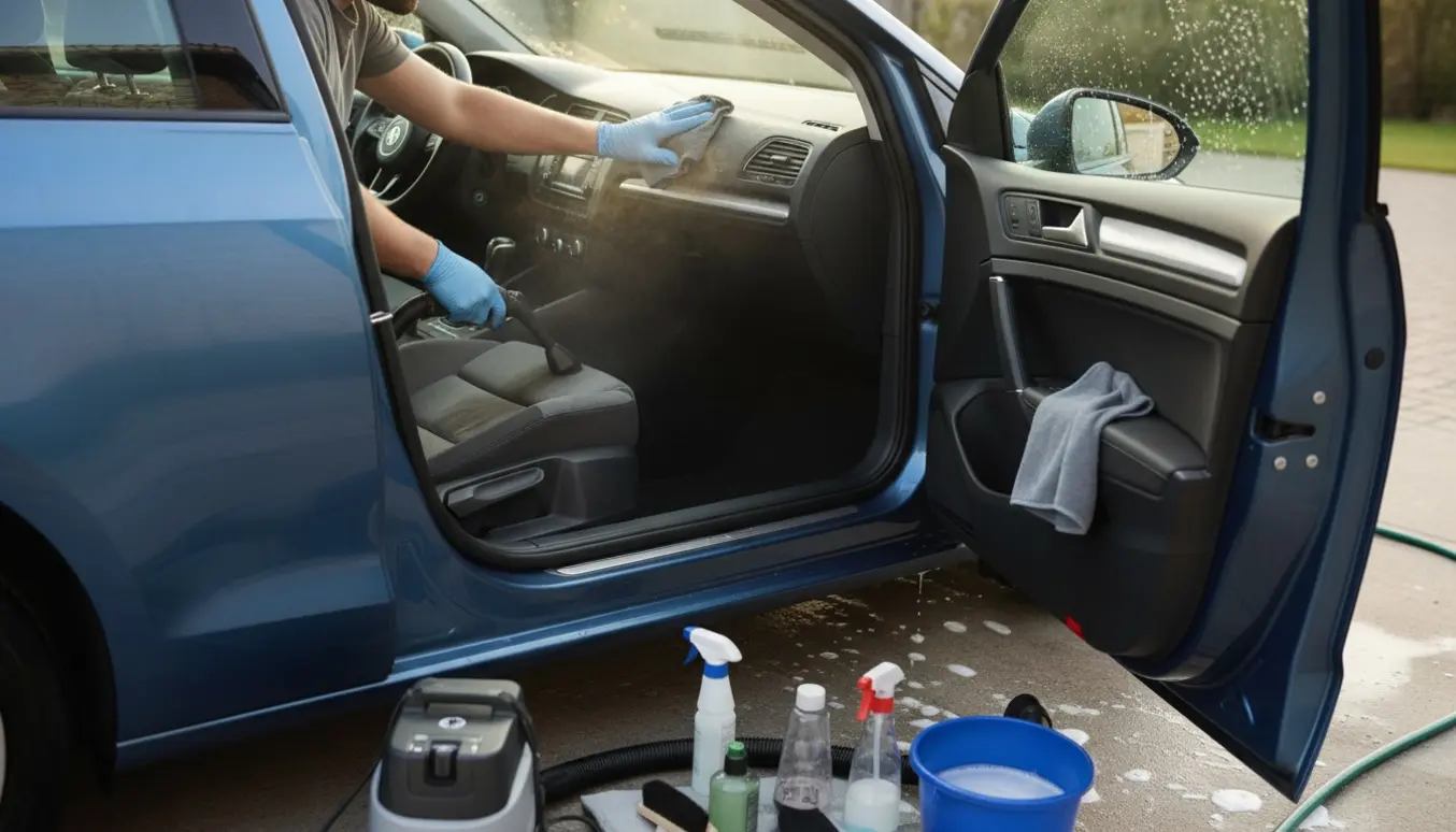 En tekniker rengør en kompakt hatchbacks interiør og sæder med en ekstraktionsdyse og mikrofiberklud i blødt morgenlys.