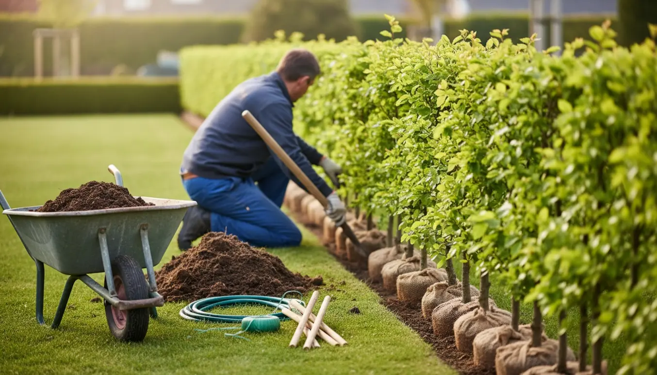 Nyplantning af en 25 meter bøgehæk med 120–150 cm høje bøgeplanter, hænder i handsker planter i jorden.