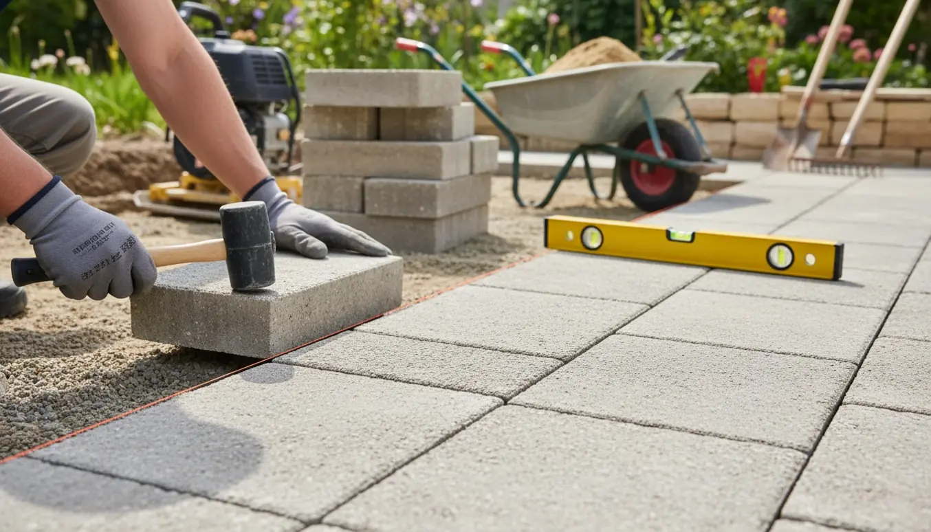 Udendørs terrasse under renovering med hænder, nye betonfliser og forberedt underlag.