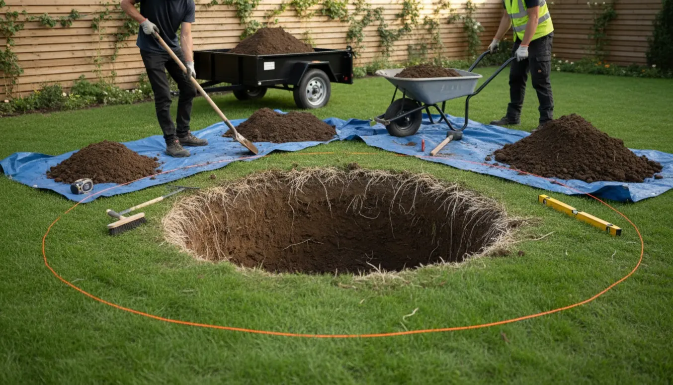 Udgravning til nedgravet trampolin i en baghave med jord på en trailer og værktøj omkring hullet.