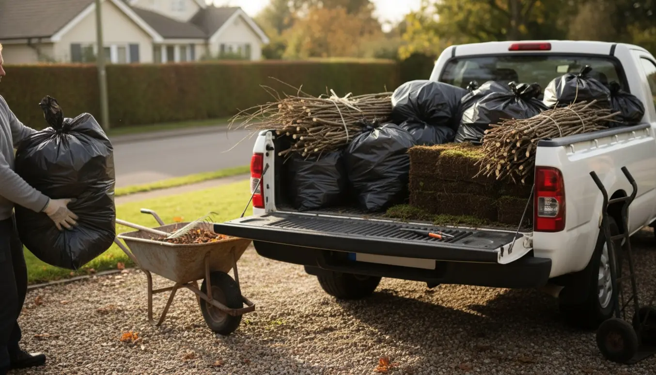 Åben ladbil i indkørsel med fyldte sække, grene og handsker klar til afhentning af haveaffald.