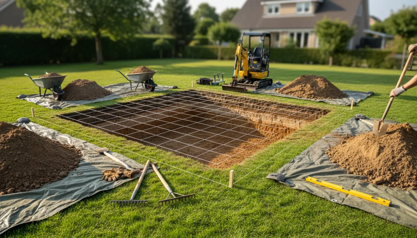 Udgravet rektangulært hul 4×6 m, ca. 80 cm dybt, klar til nedgravet trampolin med bunker jord og værktøj på plænen.