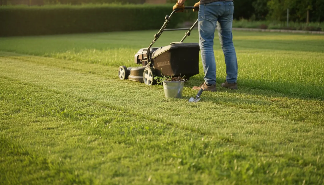 En person slår græs og luger ukrudt på en velholdt plæne, set bagfra.