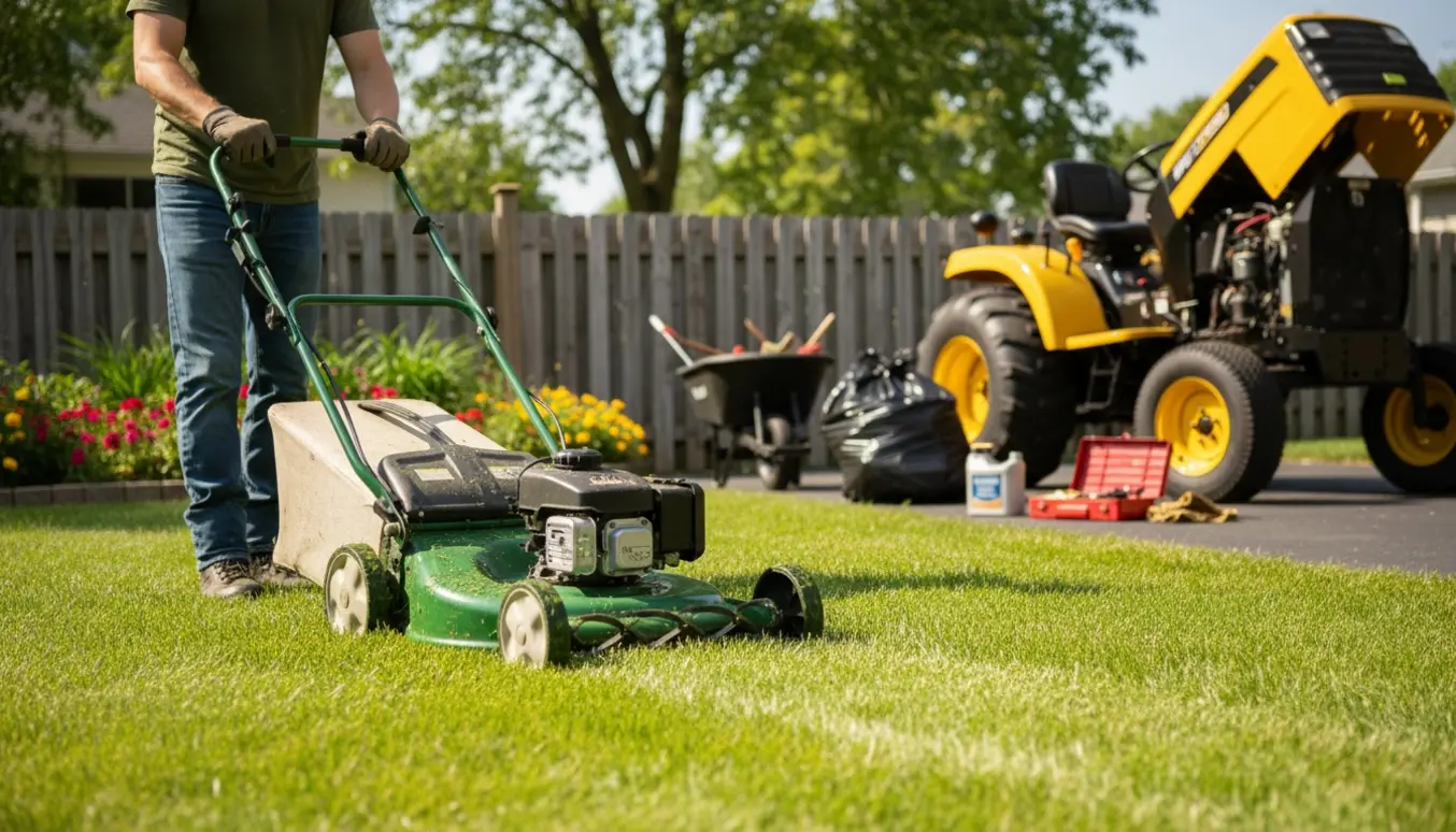 En person slår græsset med en håndskubber, mens en havetraktor med åben motor står i baggrunden.