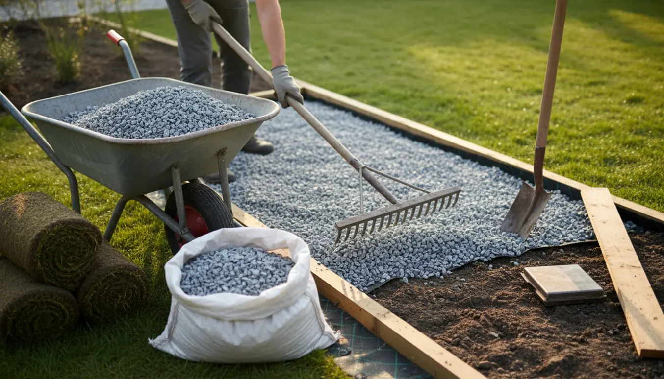 Trillebør med granitskærver og en havearbejder, der spreder skærver over et område med fjernet græs.