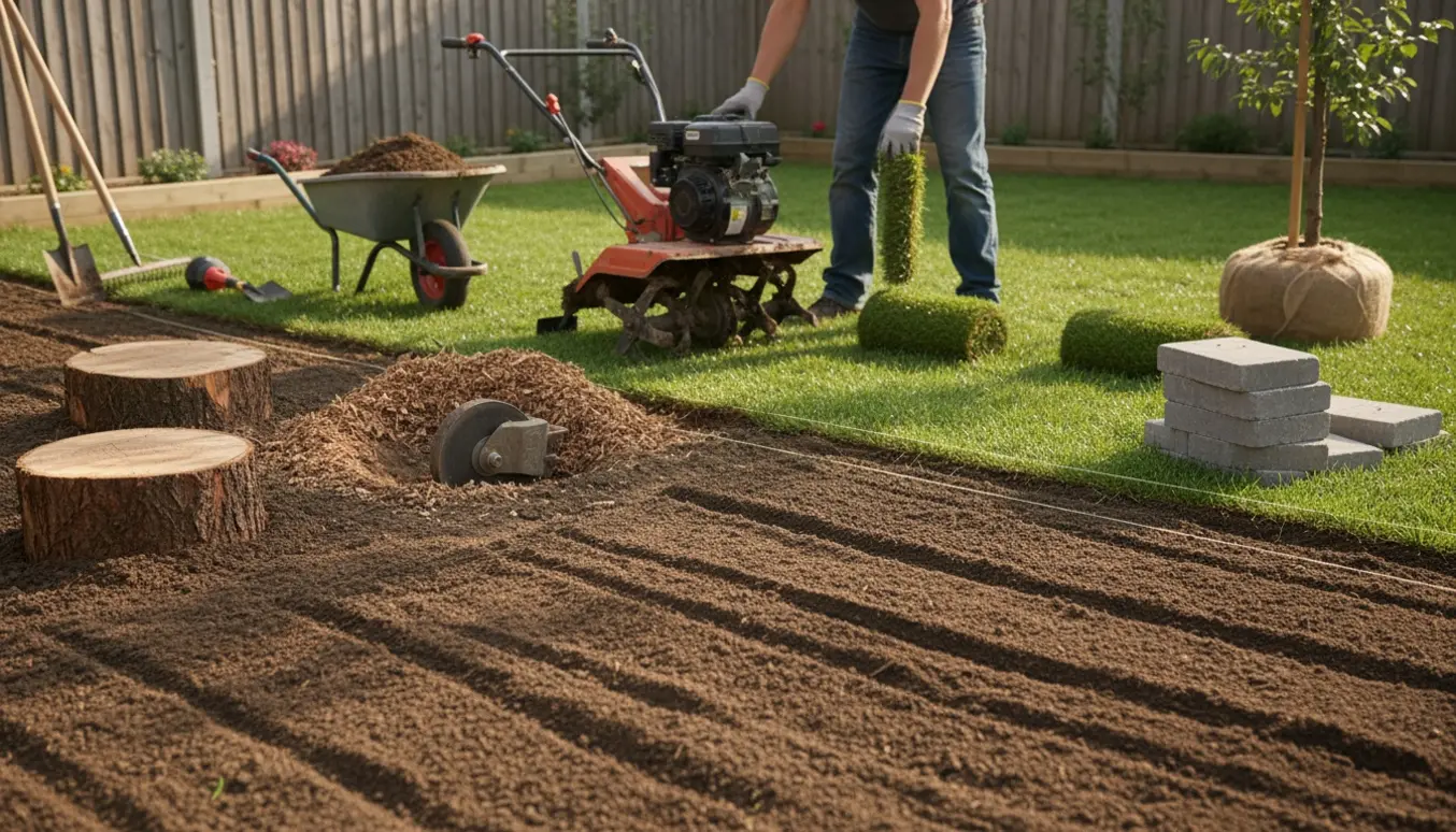 Håndværker lægger nyt rullegræs i en baghave med fræset jord, stubbe og materialer klar.