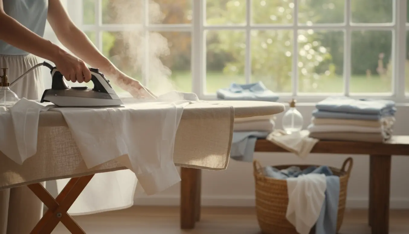 Hænder stryger en skjorte ved et strygebræt med stabler af rent sengetøj og duge i en lys, indbydende vaskerum.