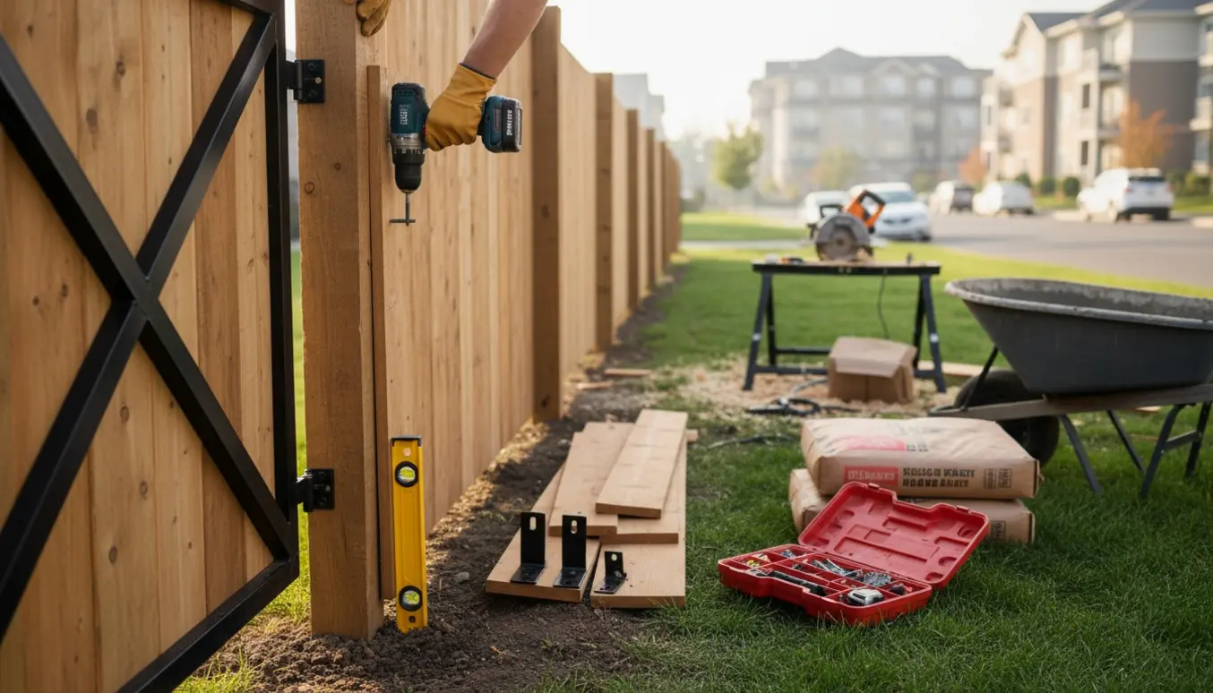 Renovering af træhegn med ny låge i en forstadshave, værktøj og materialer klar.