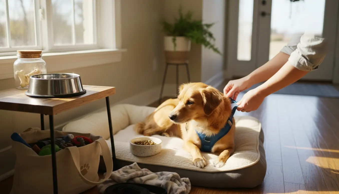 En rolig to-årig hund på en hundepude i en solfyldt stue mens hænder fastgør en sele og pasningsudstyr ligger klar.