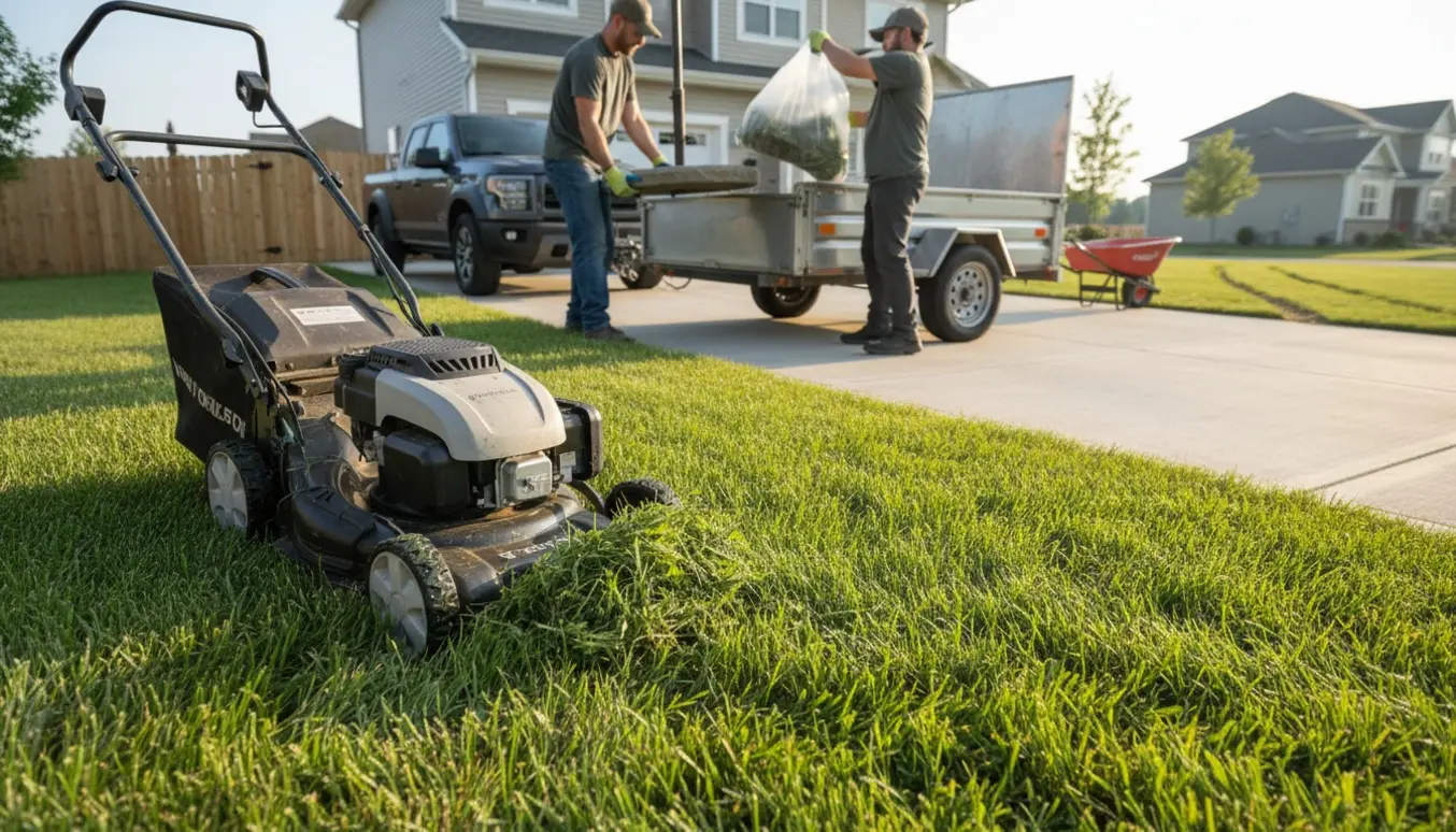 Nærbillede af græsslåning og opsamling af græsafklip med en sten parasolfod, læsset i en trailer foran en parcelhusgræsplæne.