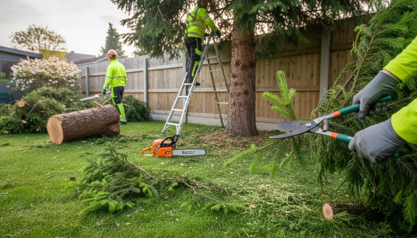 Højopløst foto af beskæring af en gran og fældning af en thuja ved en hæk og skel, med værktøj og afklippet grene.