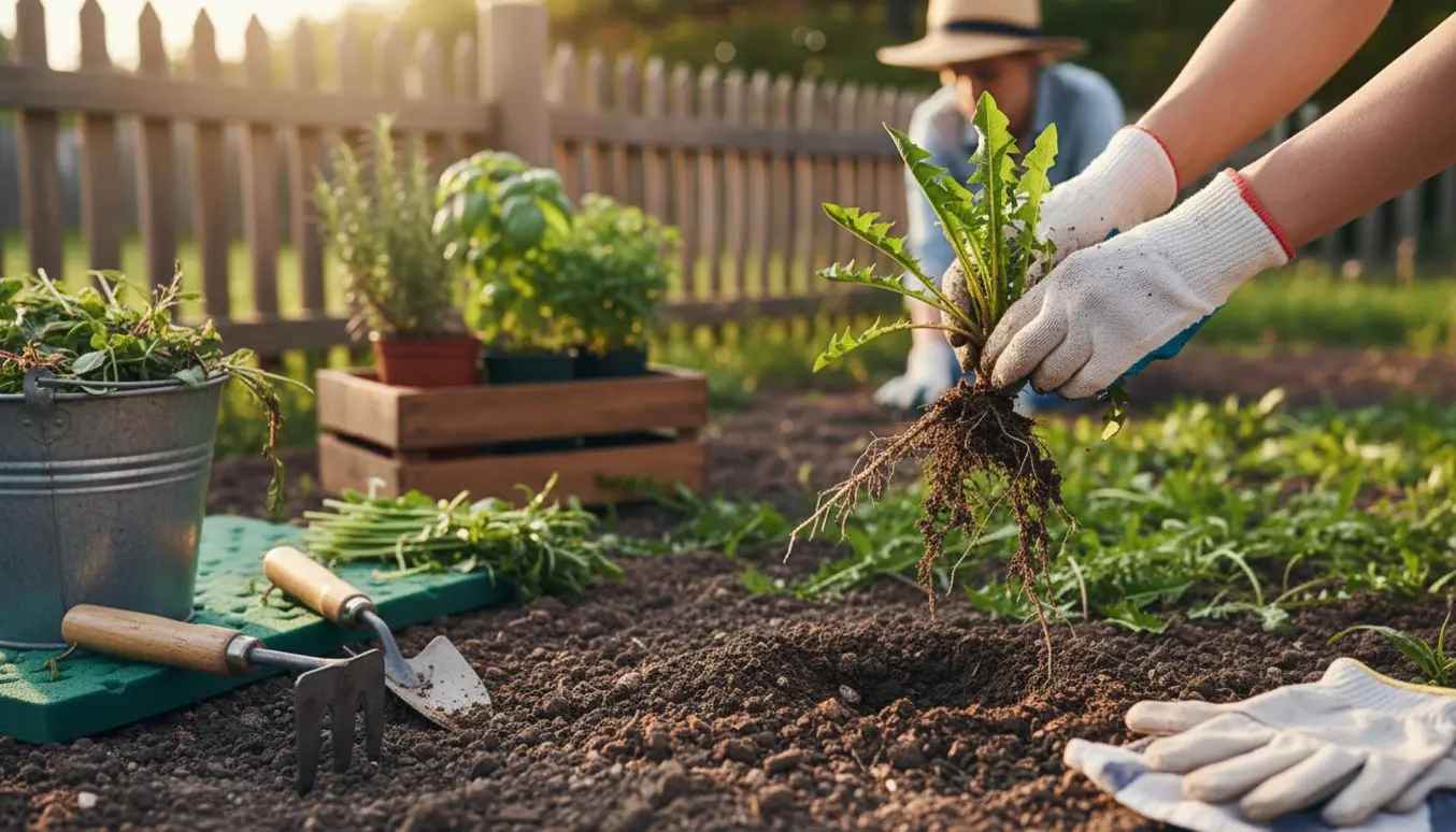 Hænder luger ukrudt i en solbelyst have med spand og haveredskaber.