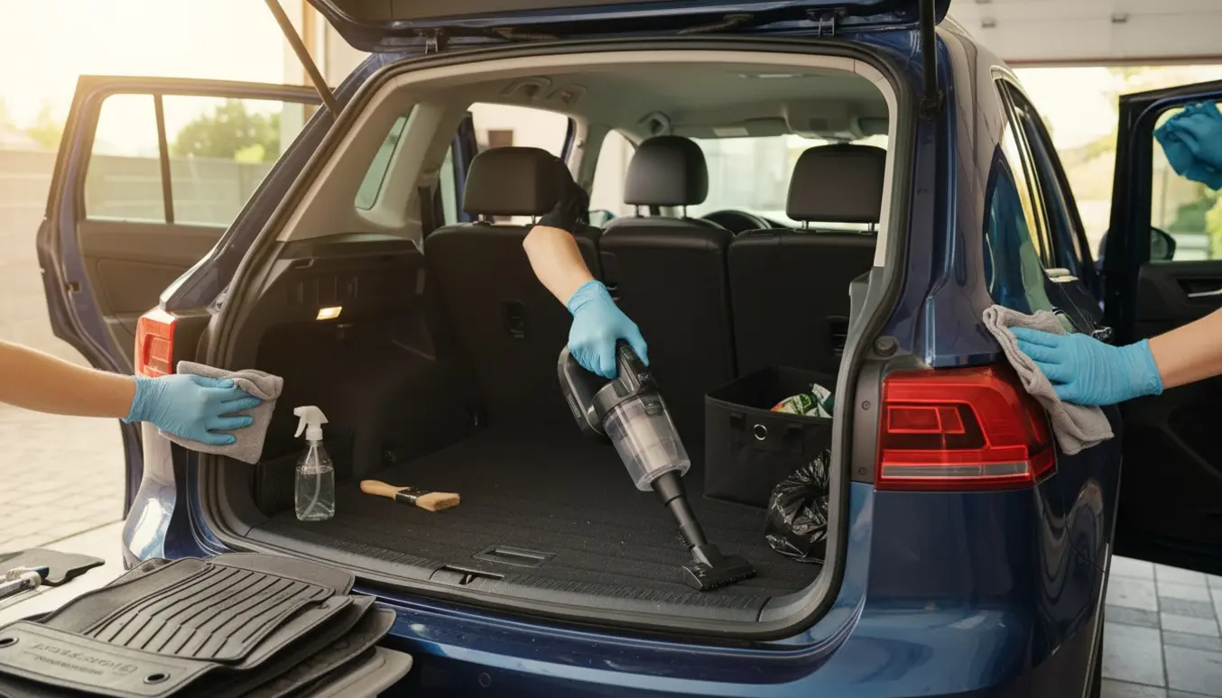 Indvendig rengøring af en VW Tiguan med støvsuger, mikrofiberklud og åbent bagagerum i naturligt lys.