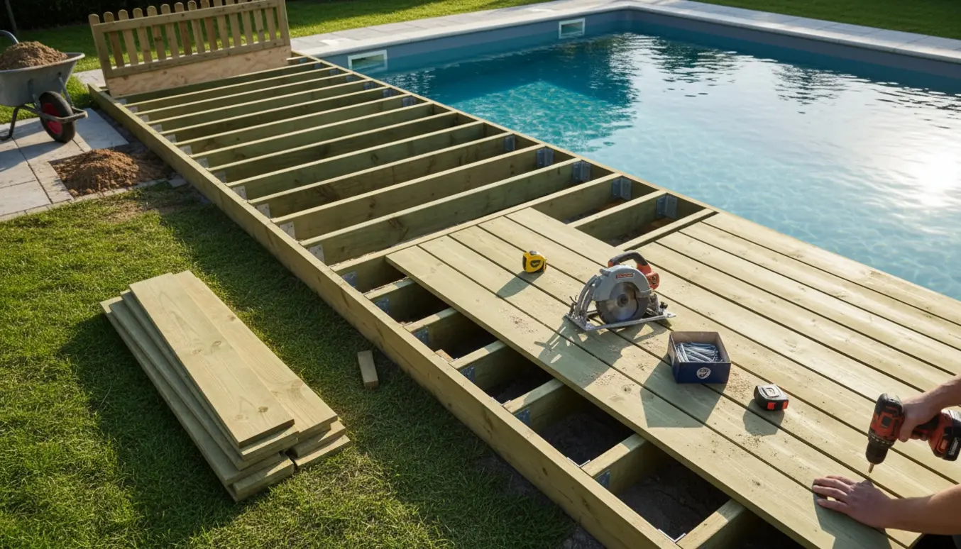 Delvist færdigbygget træterrasse af trykimprægnerede brædder ved poolen med værktøj og bevaret blomsterbed.
