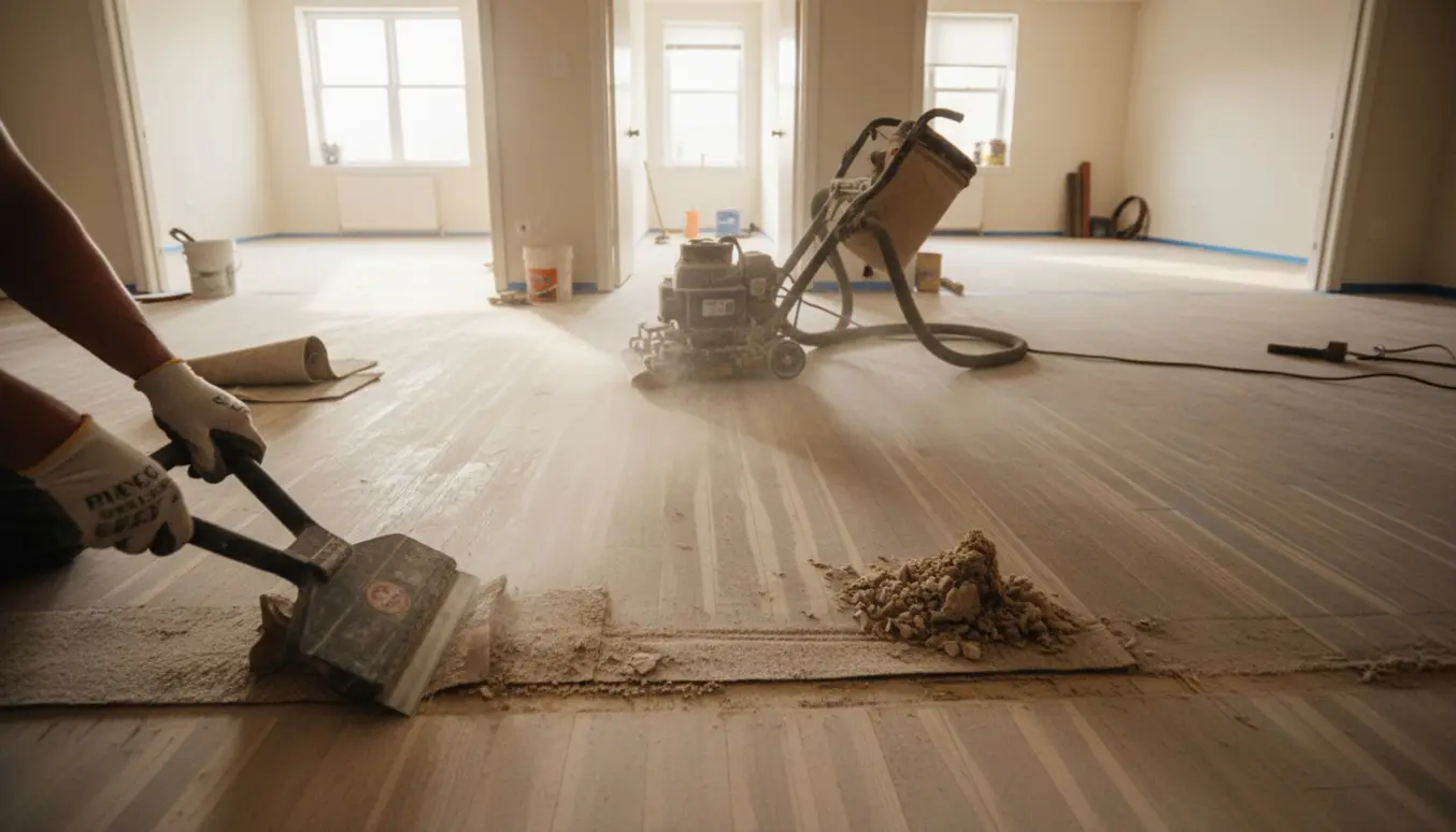 Solbelyst indendørs scene med værktøj og maskine til fjernelse af lim og gulvslibning i flere værelser og en gang.