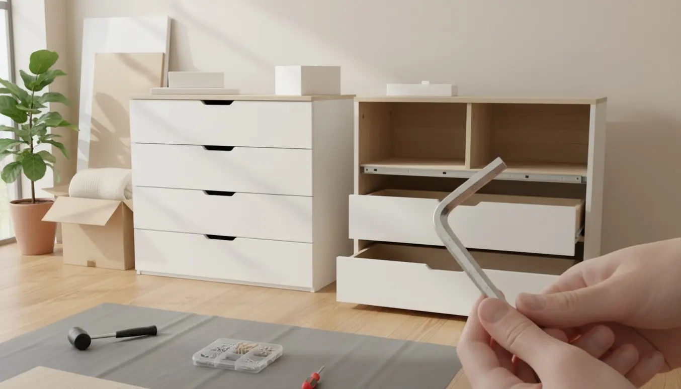 To kommoder med seks skuffer under samling i en lys stue med værktøj på gulvet.