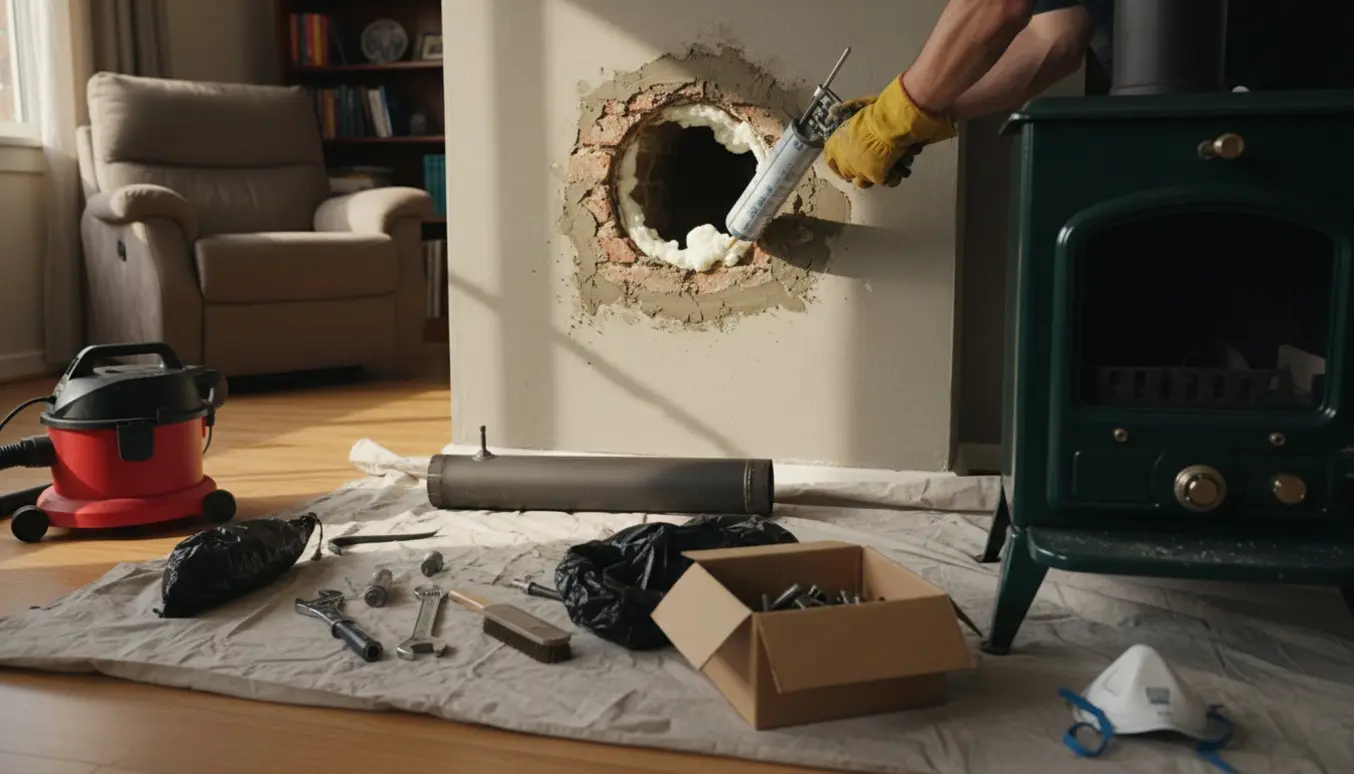 Hænder tæt på, der fylder hul i væg efter afmontering af brændeovn med isoleringsskum og værktøj rundt omkring.
