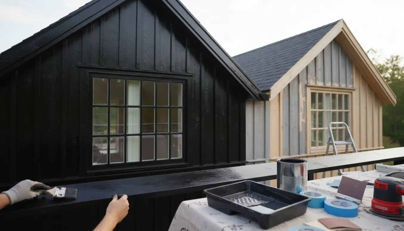 To gavle og udendørs træværk males sorte, med pensler, malerbøtter og forberedt overflade i fokus.