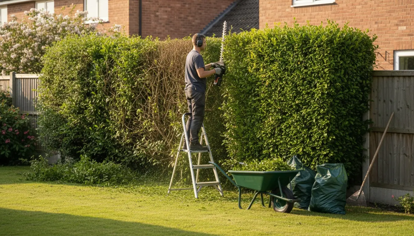 En person beskærer en lang, høj ligusterhæk med en hækkeklipper, mens afklip samles i trillebør og grønne affaldssække.