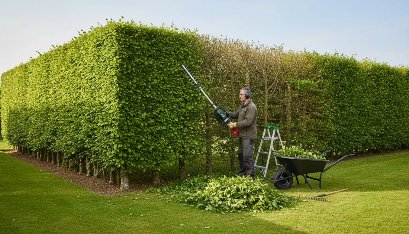 Person klipper en velplejet bøgehæk med elektrisk hækkeklipper og friske trimmings i en trillebør.