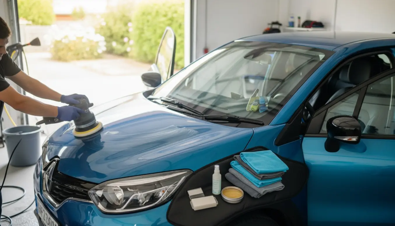 En Renault Captur bliver totalklargjort til salg med polering af lakken og grundig rengøring af kabinen i en lys garage.