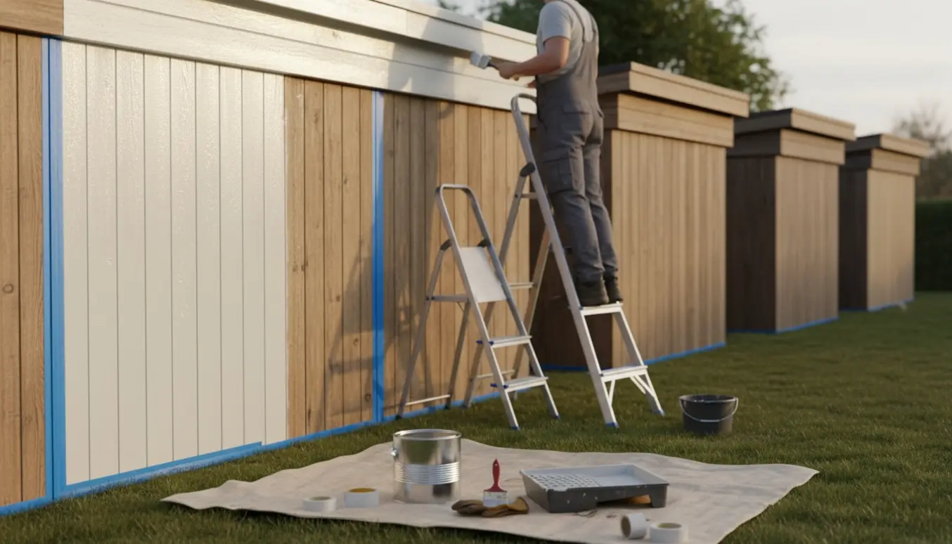 En maler på stige maler sternkanten på et udhus, mens et stakit i forgrunden er delvist nymalet.