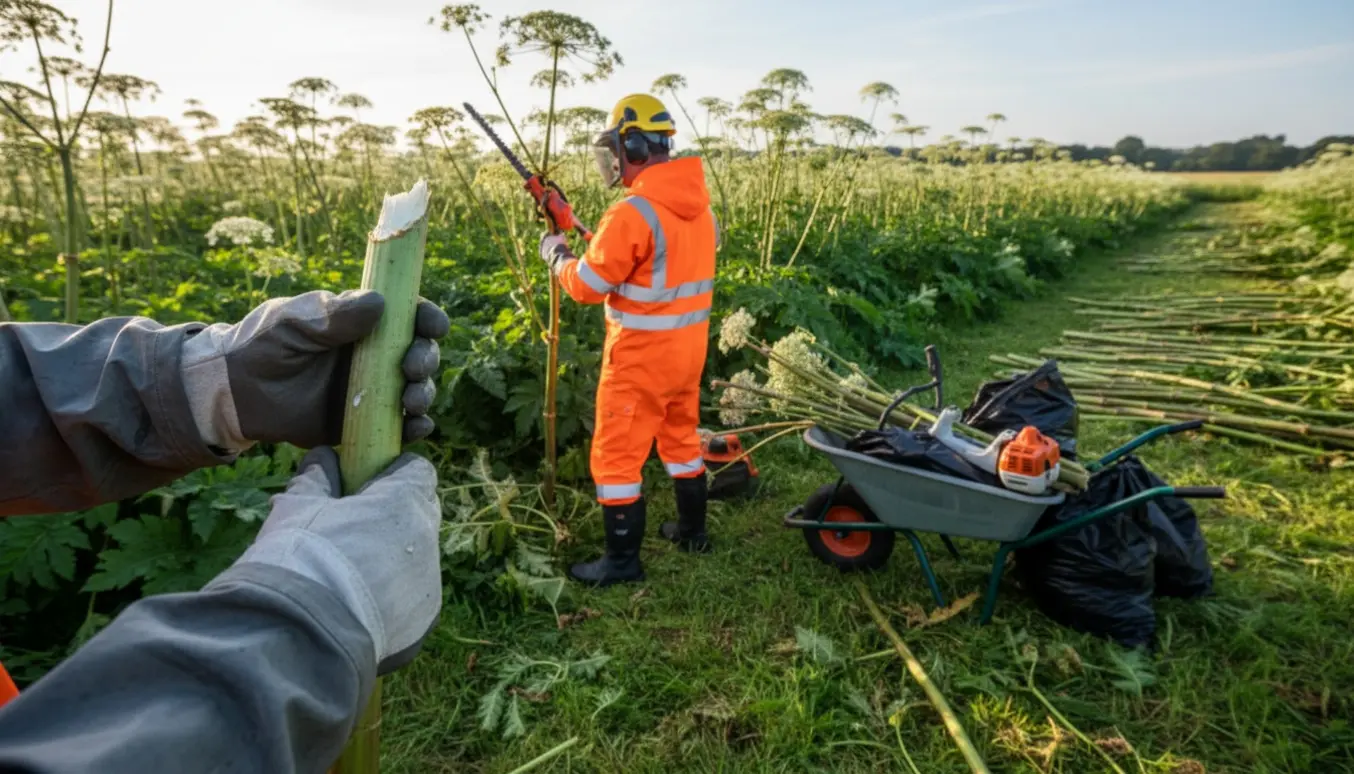 Beskyttelsesudrustet person fjerner 2 m høje bjørneklo i en stor græsmark med trillebør og fyldte sække.