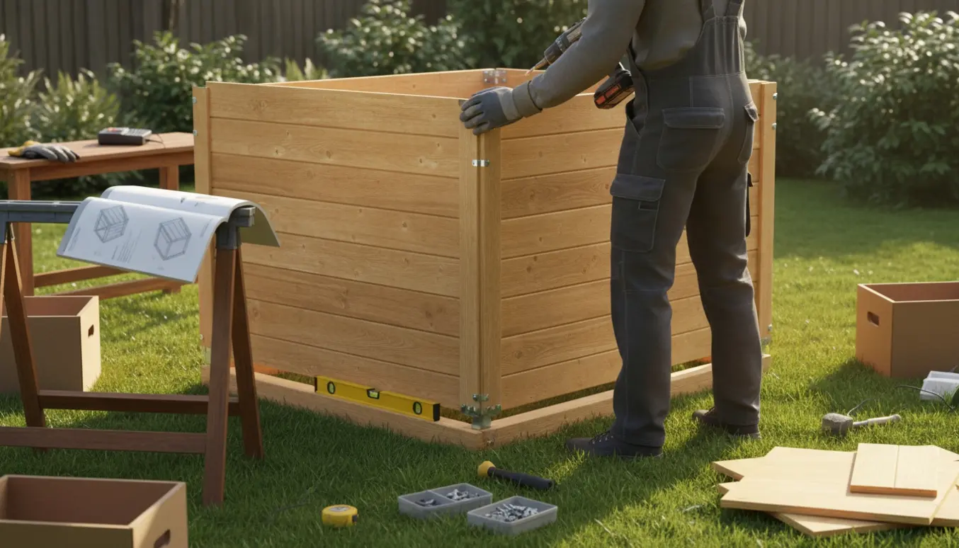 En person samler et træskur på græsplænen med værktøj og manual ved siden af.