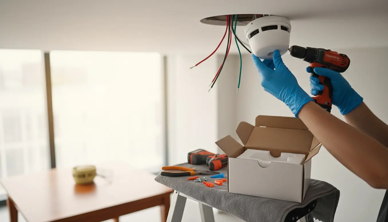 Montering af en ny røgalarme i loftet med hængende kabler og værktøj på en stige.
