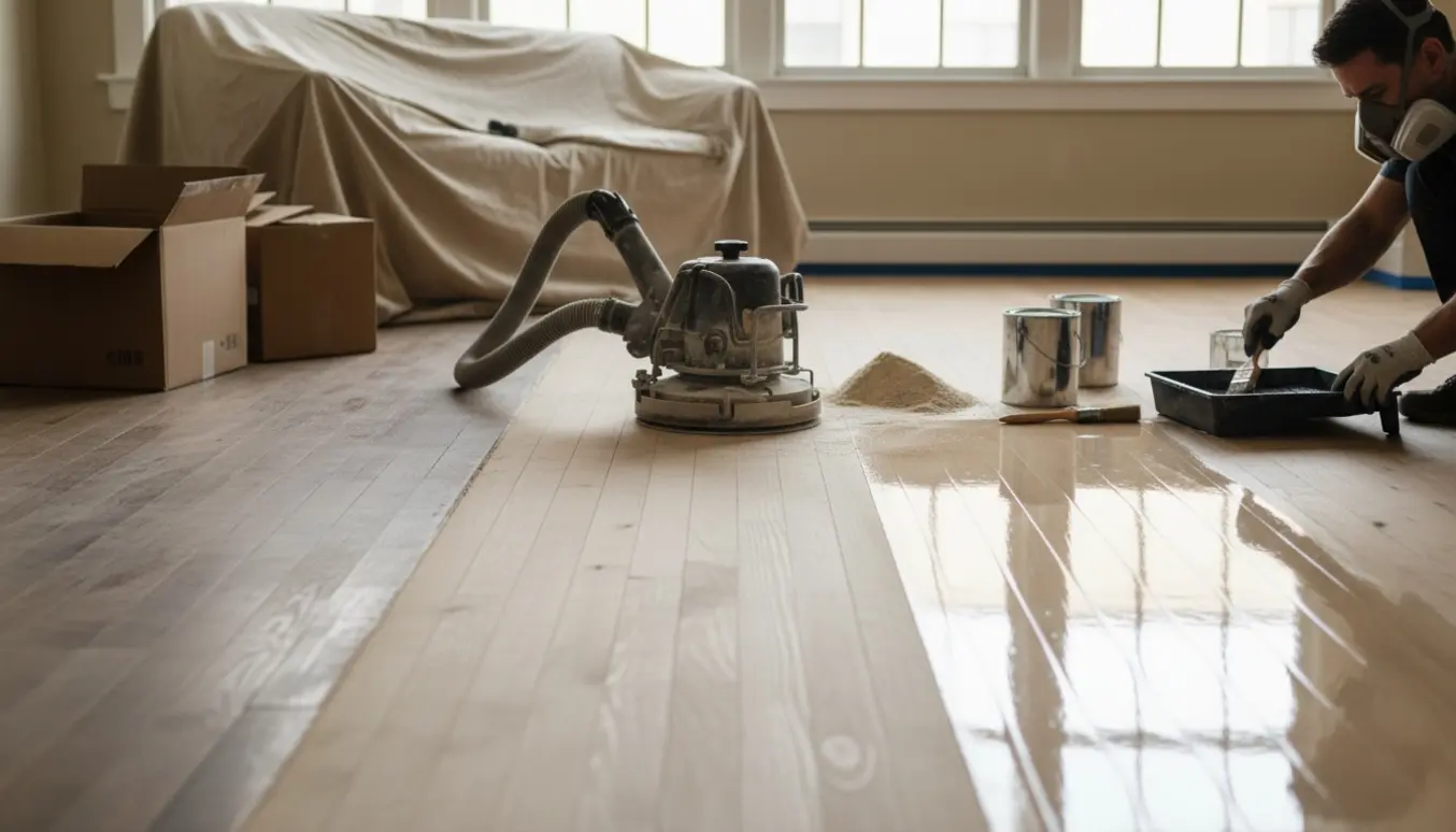 Trægulv i lejlighed under slibning og lakering med områder af gammel lak, slebet træ og nylagt blank lak.