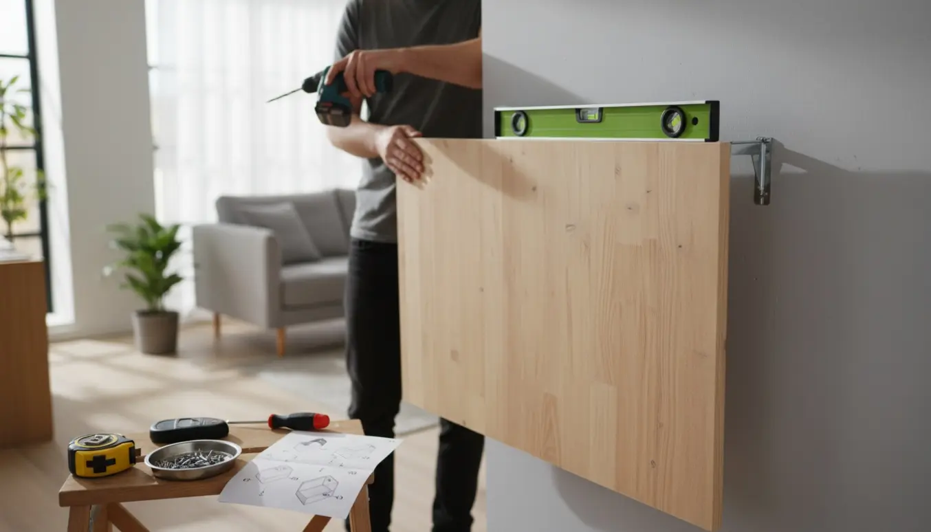 Et Ivar-lignende ubehandlet træskab monteres på en væg med boremaskine, beslag og vaterpas.