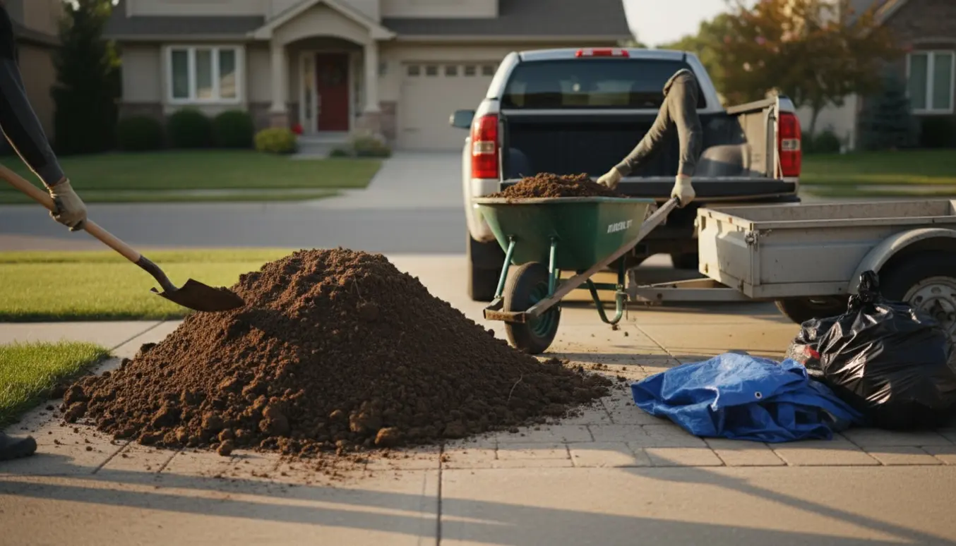 Opgravet jord på en indkørsel bliver skovlet op i en pickup og trillebør.