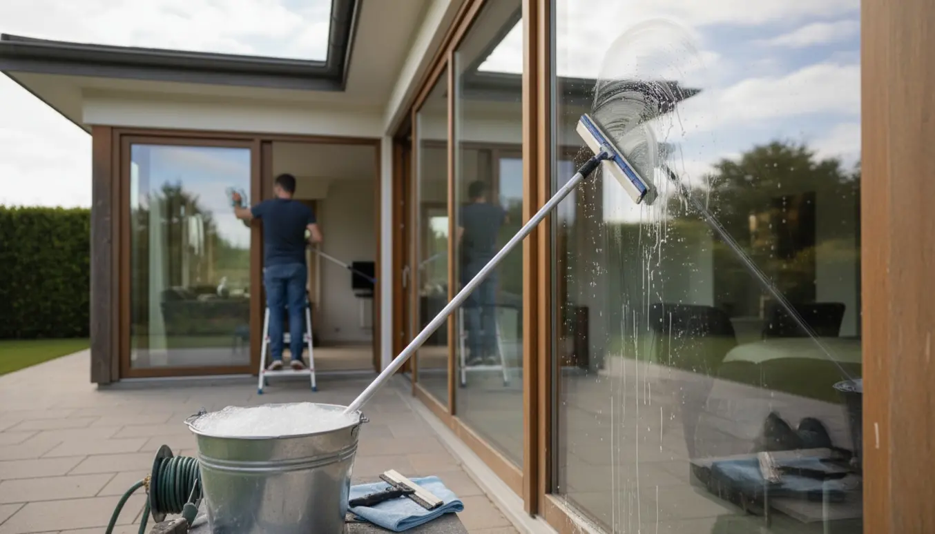 Udvendig og indvendig vinduespudsning på et enkeltplanshus med overdækket terrasse, værktøj og rene ruder.