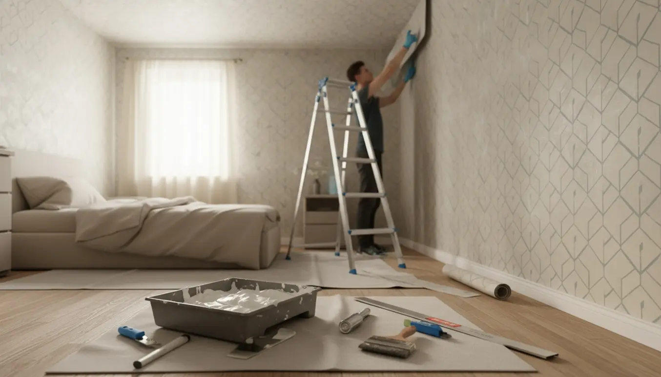 Opsætning af tapet i et lille soveværelse og loft med stige, spartel og tapetlim i naturligt dagslys.