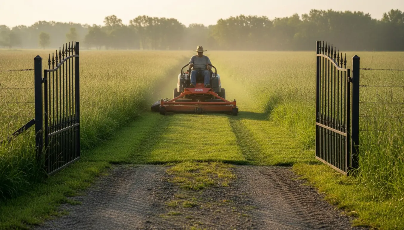 Åben jernlåge til en tom grund med højt græs og en plæneklipper, der har efterladt et nyslået kort græsstykke.