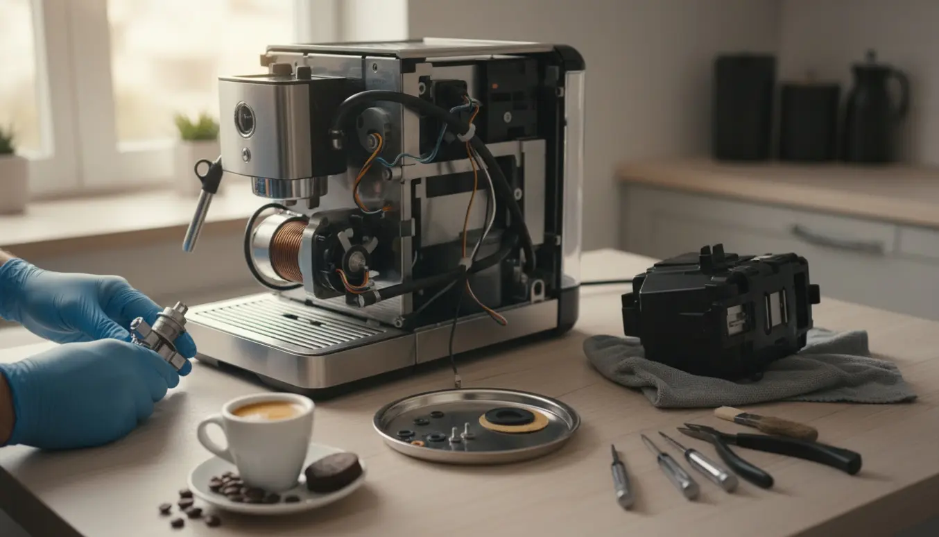 Tekniker undersøger indmaden i en automatisk espressomaskine med værktøj og en frisk kop espresso på køkkenbordet.